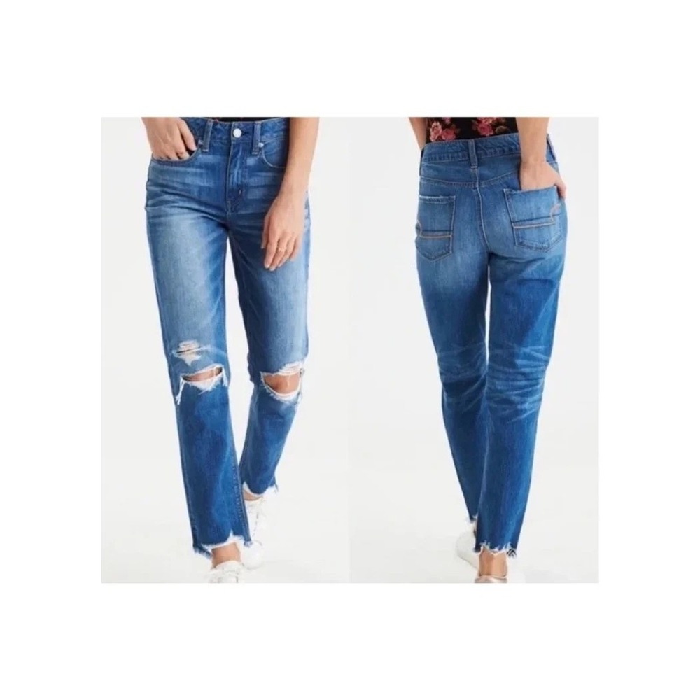 American Eagle High Rise Tomgirl Ripped Blown Out Jeans Size 0. 26X25 Grunge Y2K - Picture 10 of 16